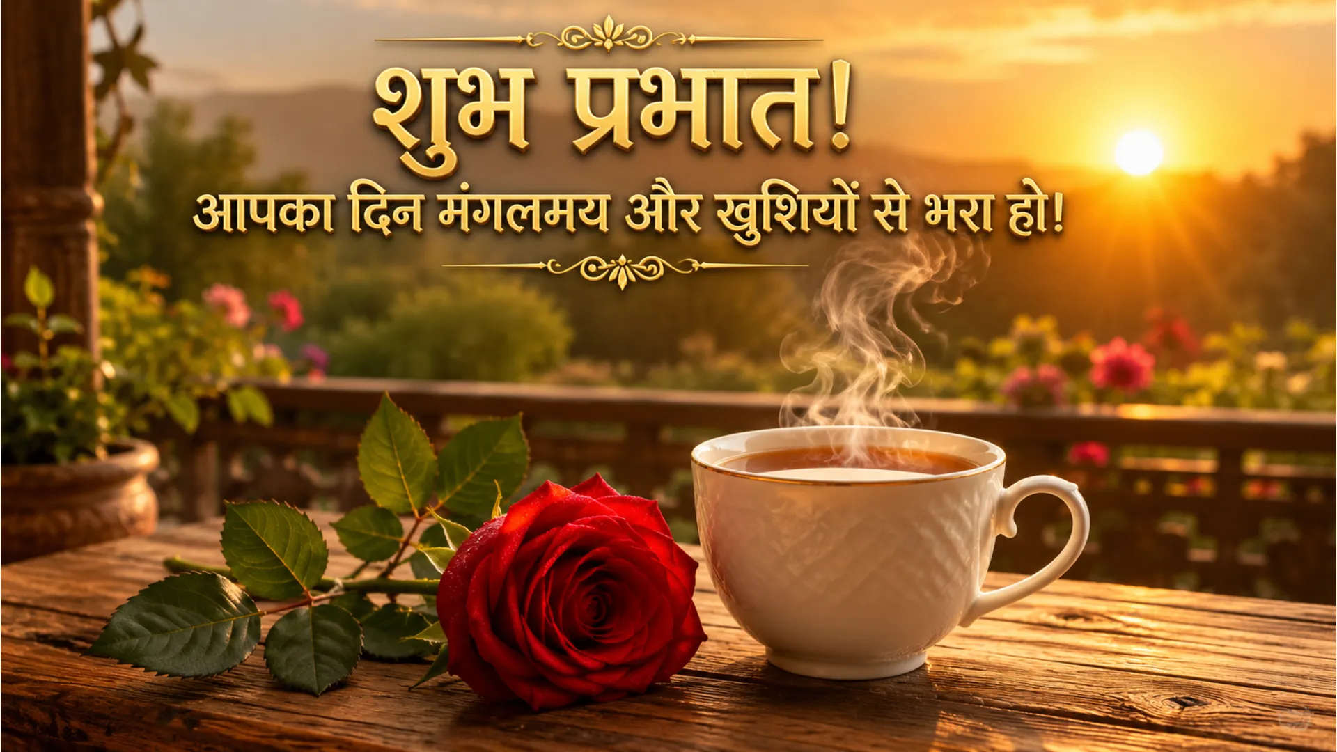 A beautiful red rose placed next to a steaming cup of tea on a rustic wooden table with Hindi wishes.