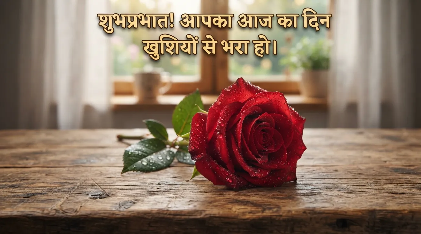 A beautiful red rose with Hindi morning wishes text.