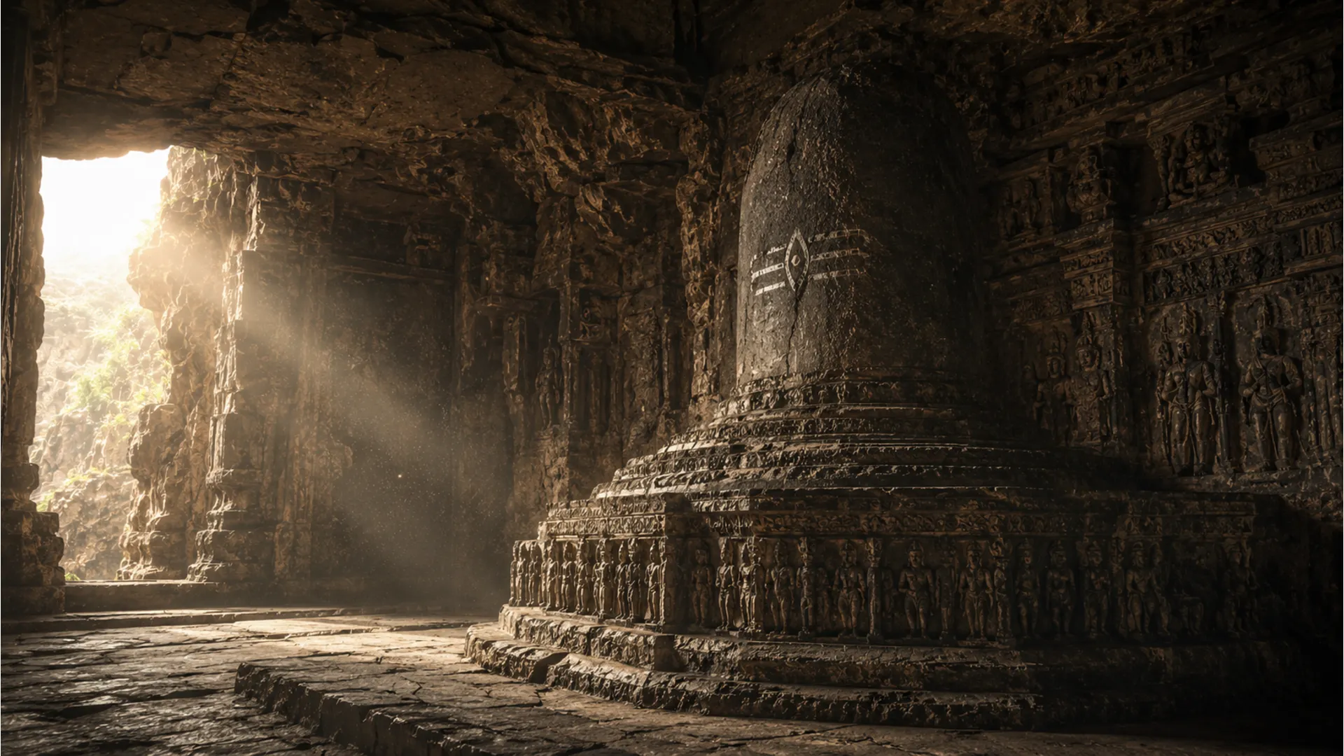Antique rock-cut Shivling carved directly into the wall of an ancient stone cave.