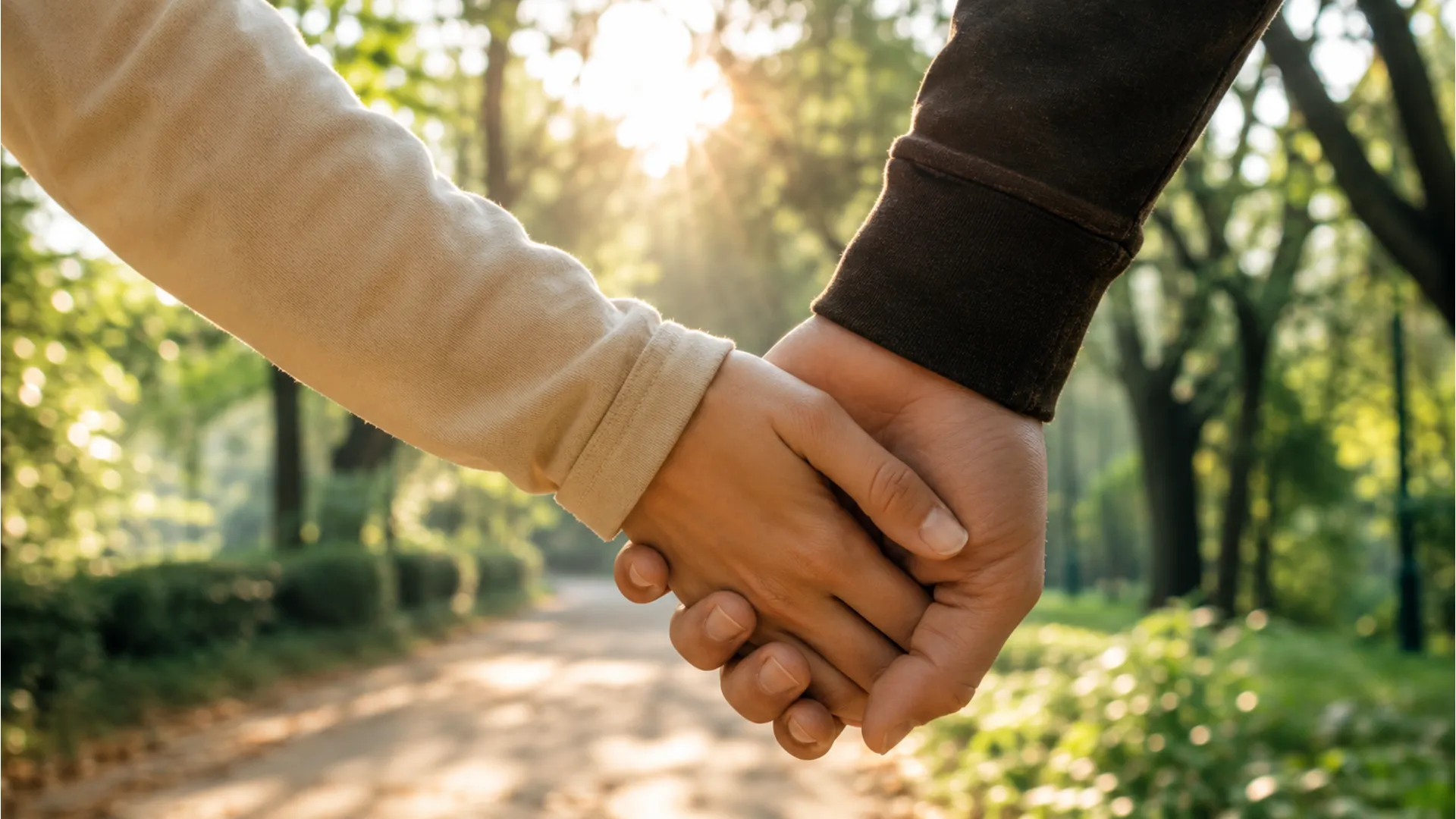 Close up of a couple holding hands during a morning walk with a love quote.