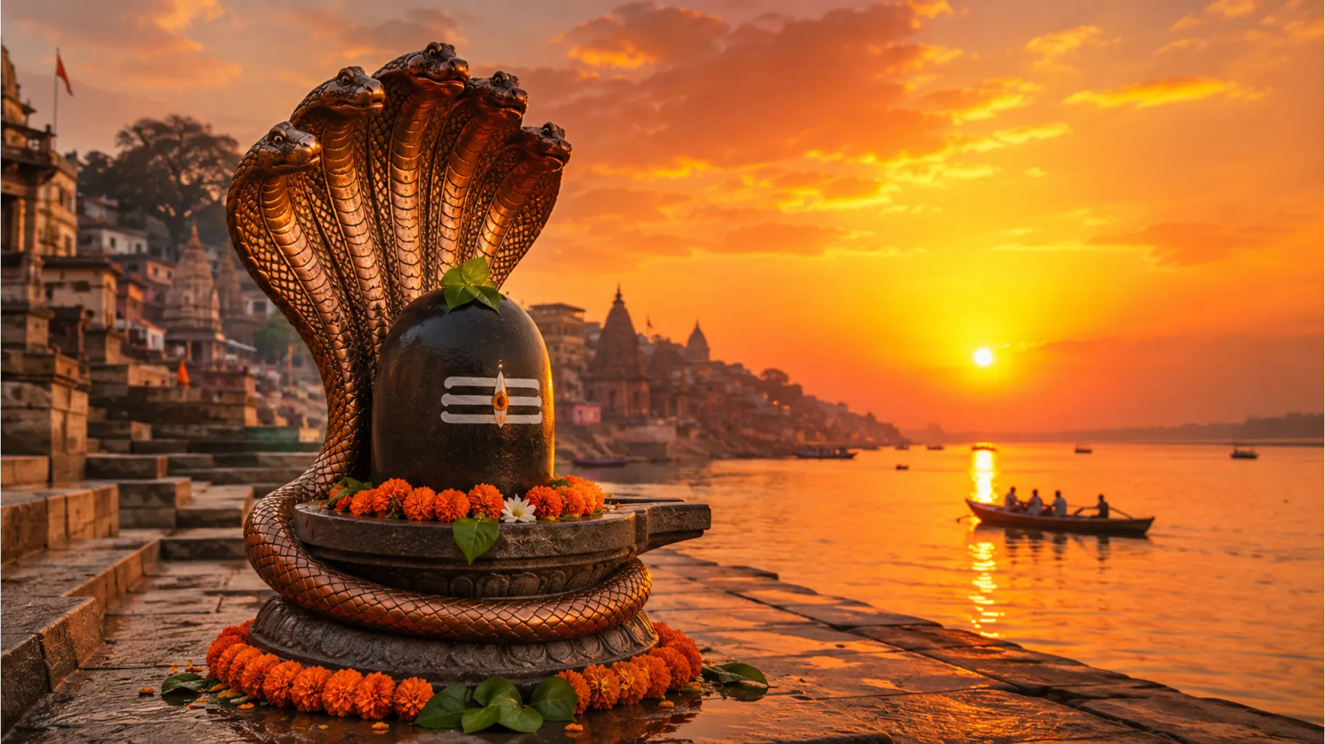A beautiful Shivling on the banks of a holy river during sunrise with a multi-headed snake.