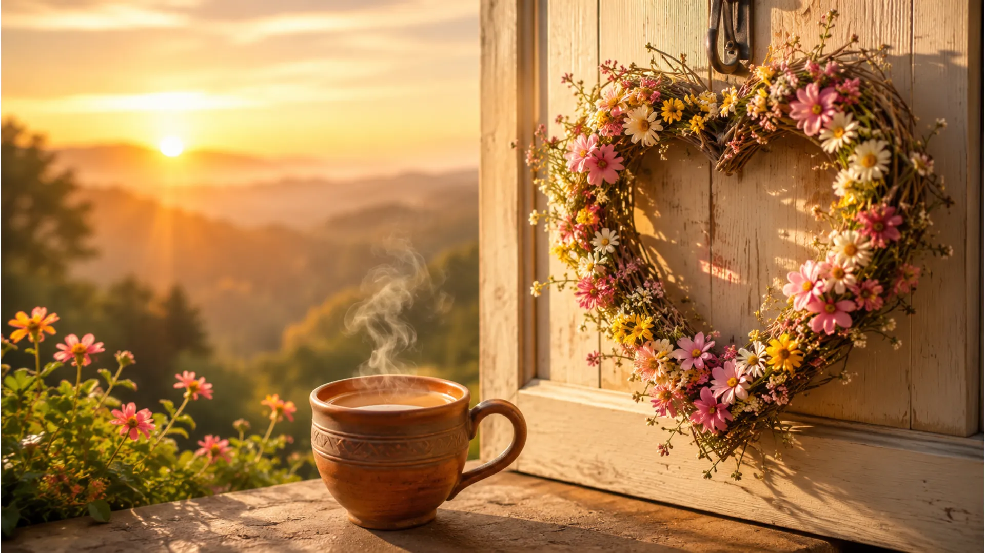 Steaming chai cup with beautiful golden morning sunrise in Hindi morning background