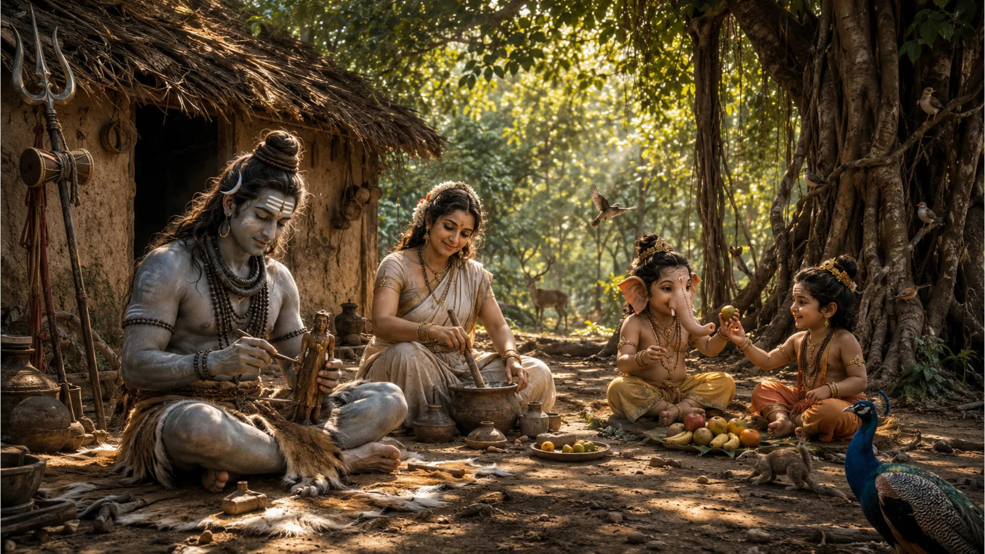 Lord Shiva's family enjoying a moment in their forest ashram.