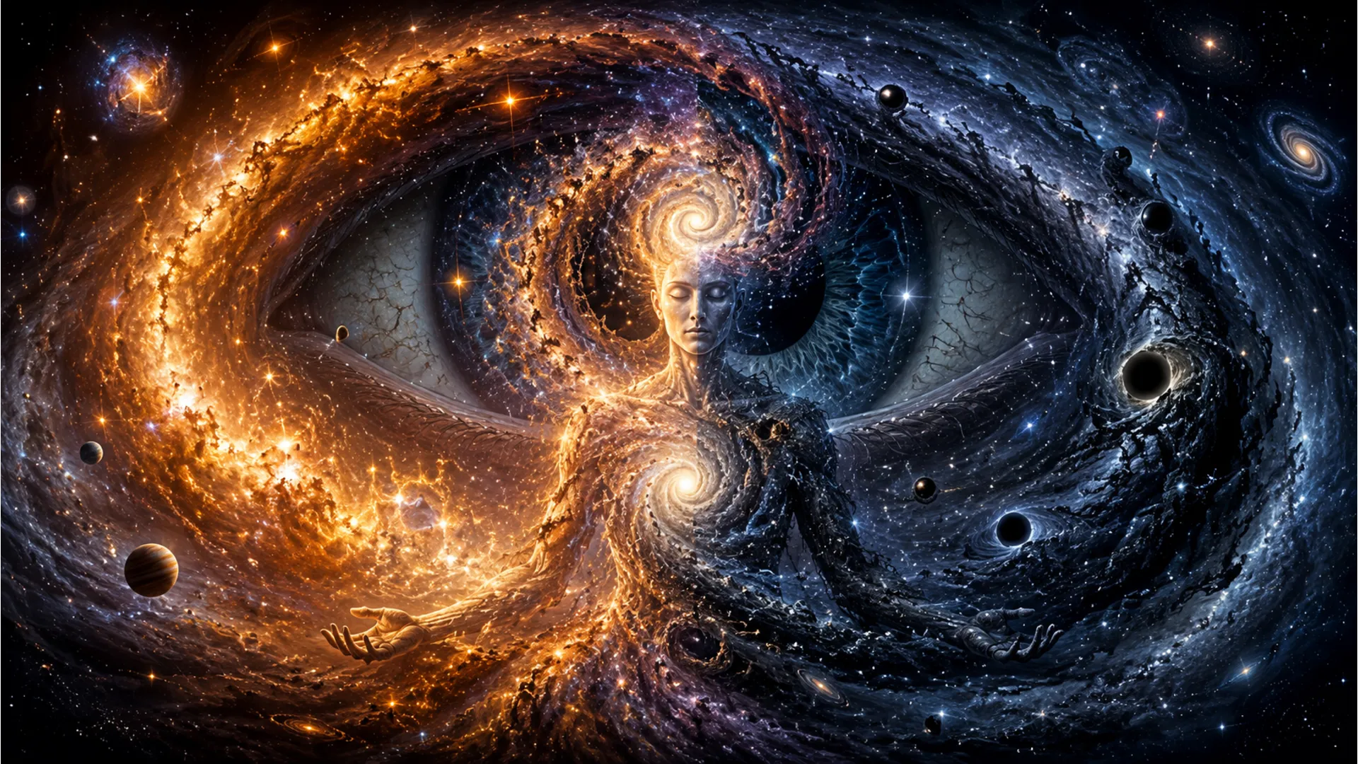 Split cosmic figure emerging from a massive spiral galaxy background