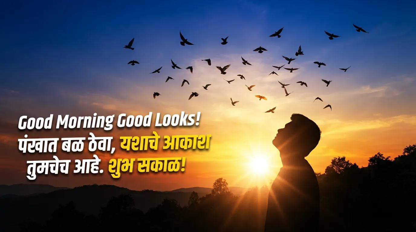 Silhouette of birds flying high in the morning sky with marathi motivational text.