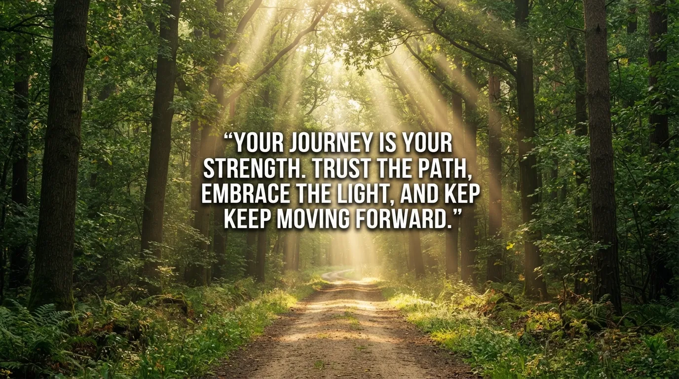 A beautiful sunlit forest path stretching forward representing a new journey with a good morning quote.