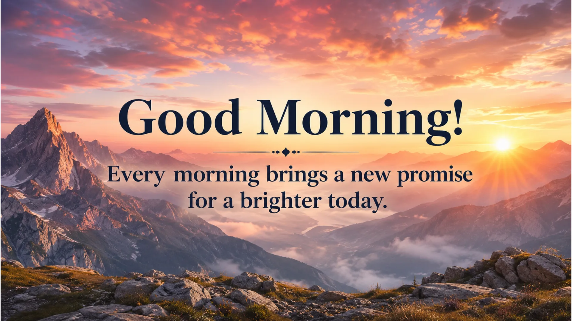 Golden sunrise over hazy mountains with inspiring English good morning quote