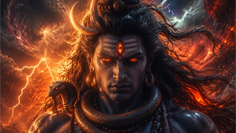 Powerful 3D bholenath photo of the Rudra form of Lord Shiva, with an intense expression and a storm background.