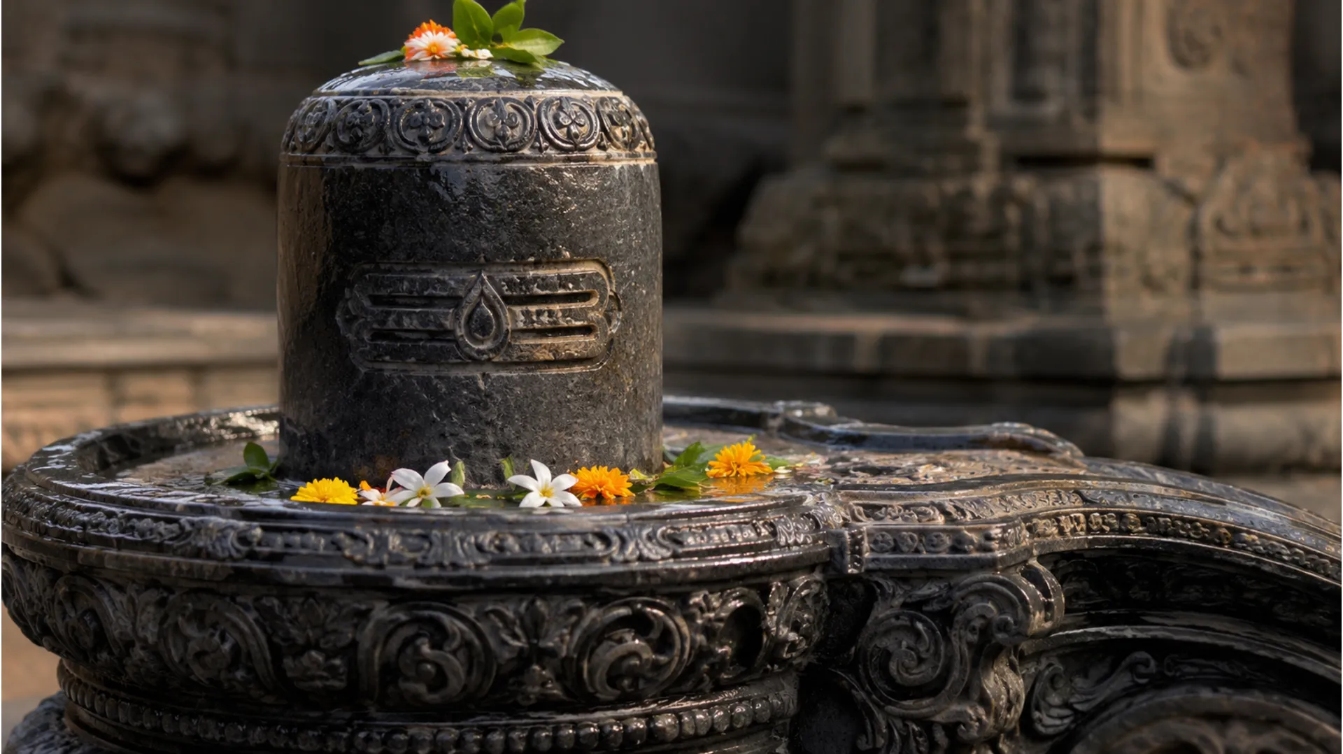 Detailed close-up full-HD shot of a carved stone Shivling, highlighting the intricate details of its carvings, the texture of the stone, and the delicate flowers resting upon it.