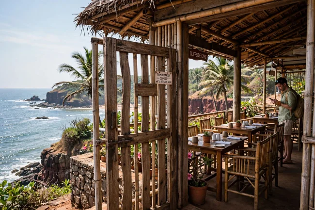 Cliffside cafe at Ozran Beach temporarily closed with sea view