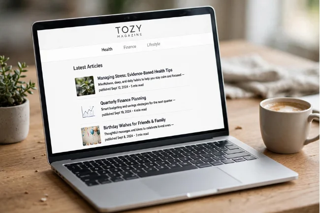 Tozymagazine.com latest articles displayed on laptop screen