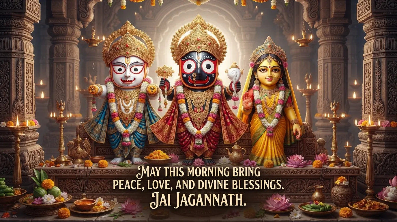 Artistic painting of Lord Jagannath, Balabhadra, and Devi Subhadra.
