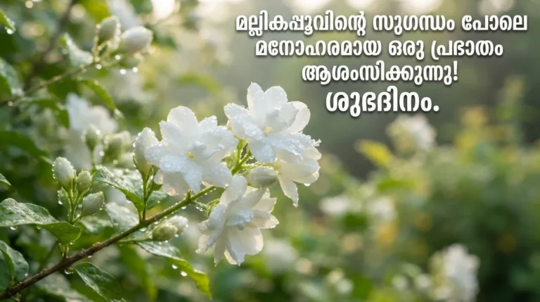 Fresh jasmine flowers covered in morning dew drops with Malayalam Good Morning wishes.