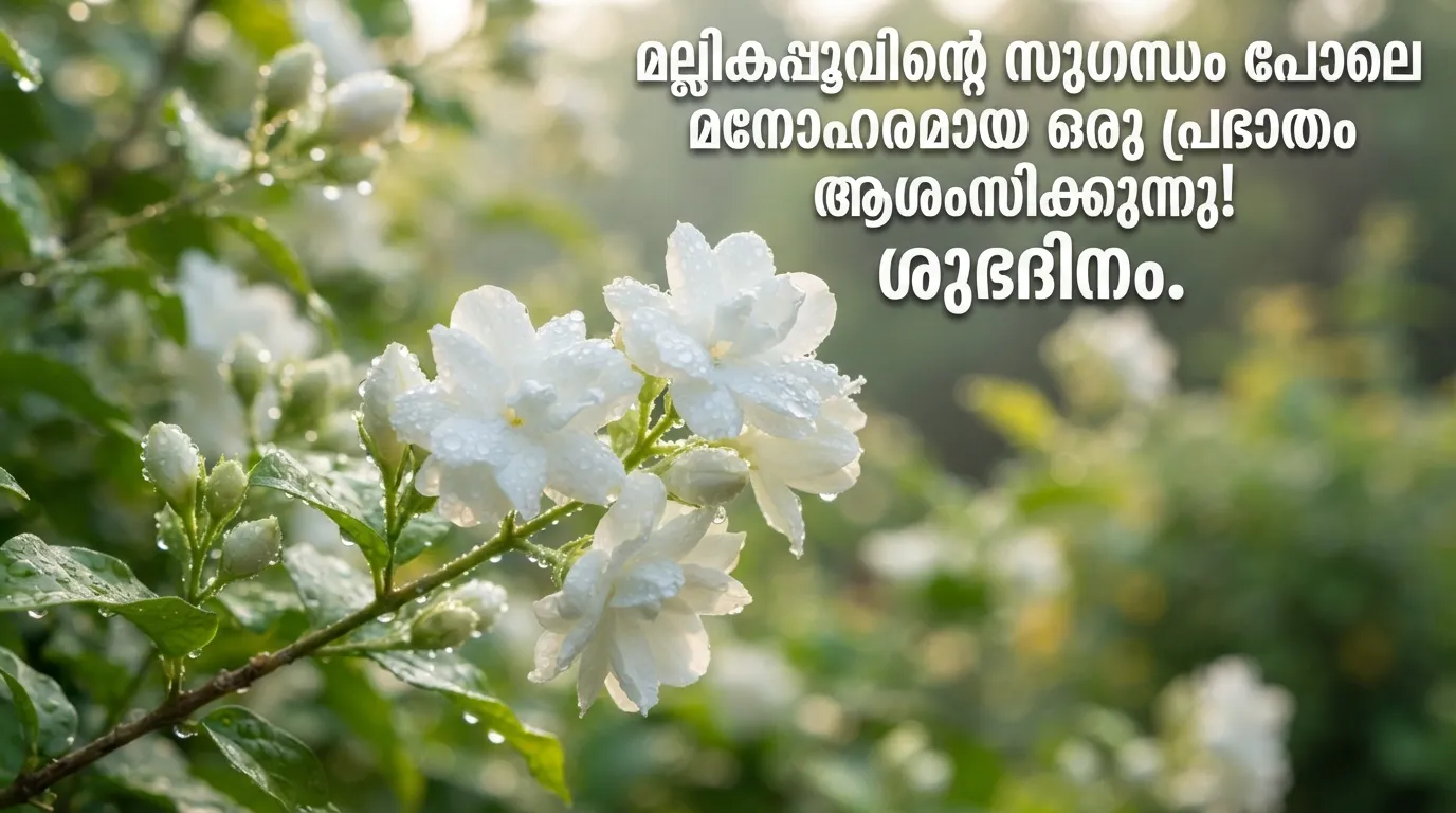 Fresh jasmine flowers covered in morning dew drops with Malayalam Good Morning wishes.