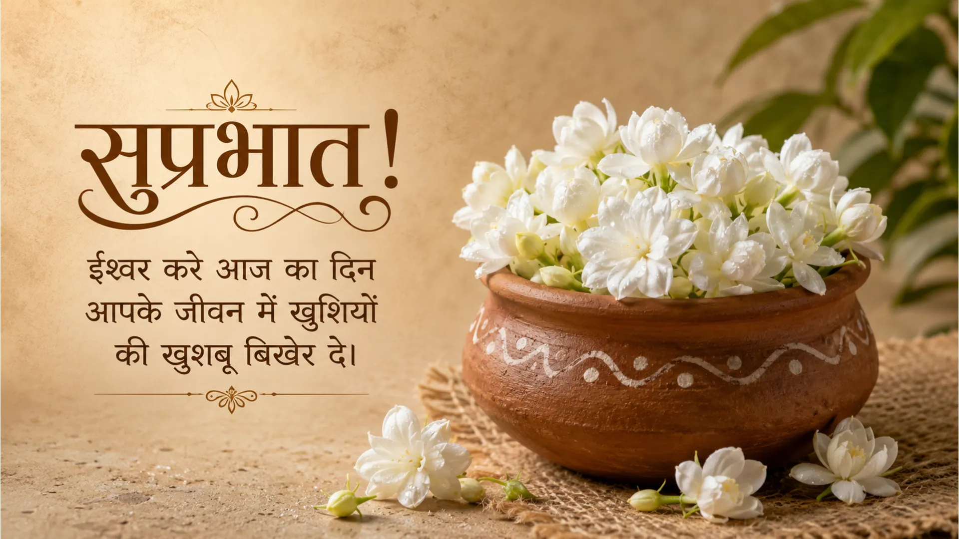 White jasmine flowers with dew drops and peaceful Hindi morning text