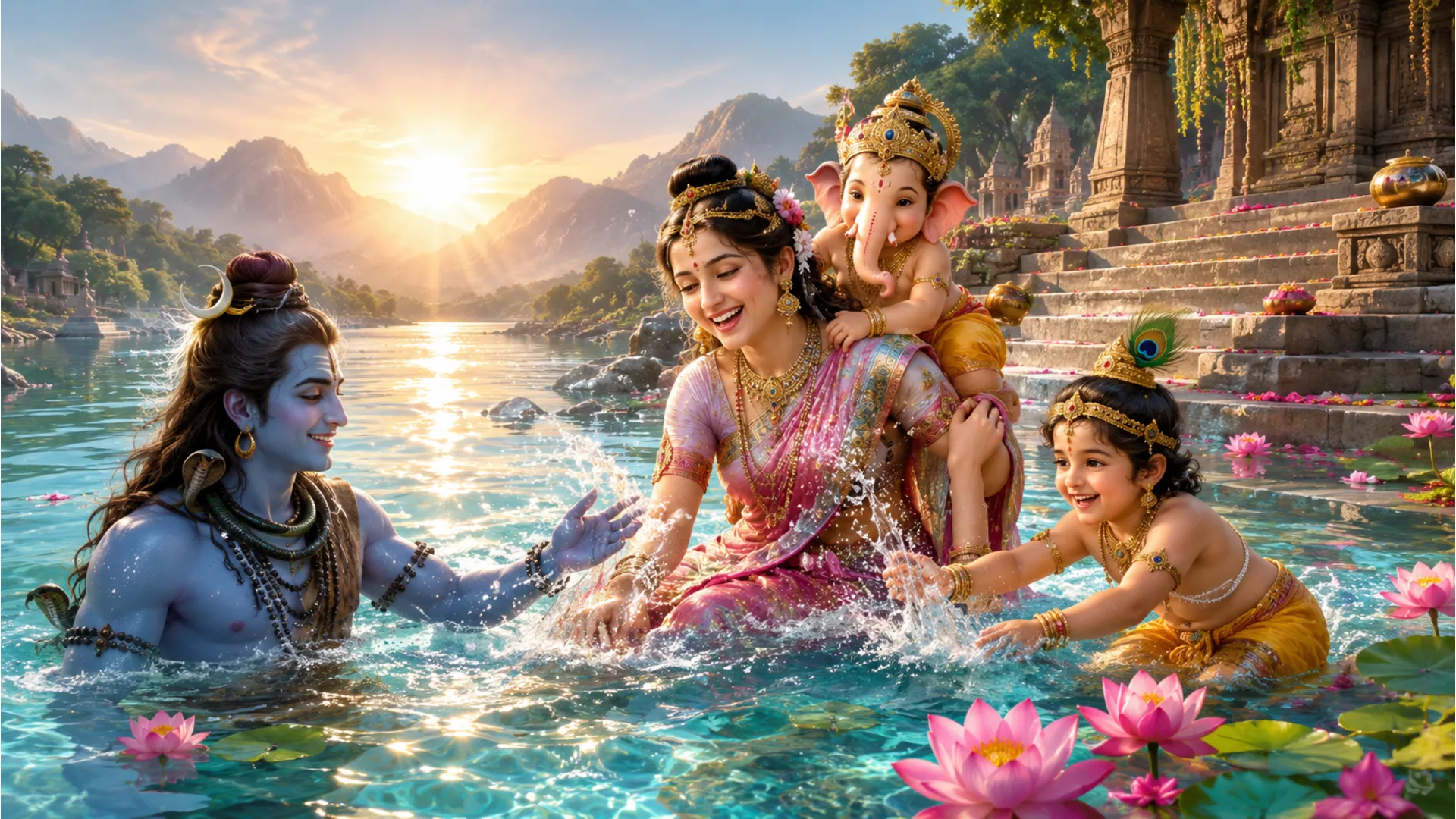 Shiv Parvati Family enjoying the purifying waters of the Ganges River.