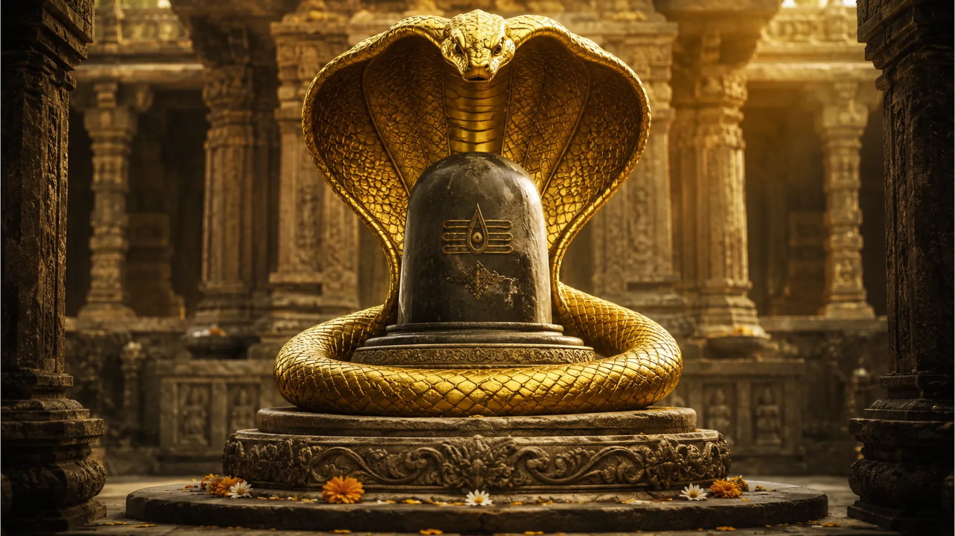 A sacred three-faceted holy Shivling adorned with a massive golden snake crown.