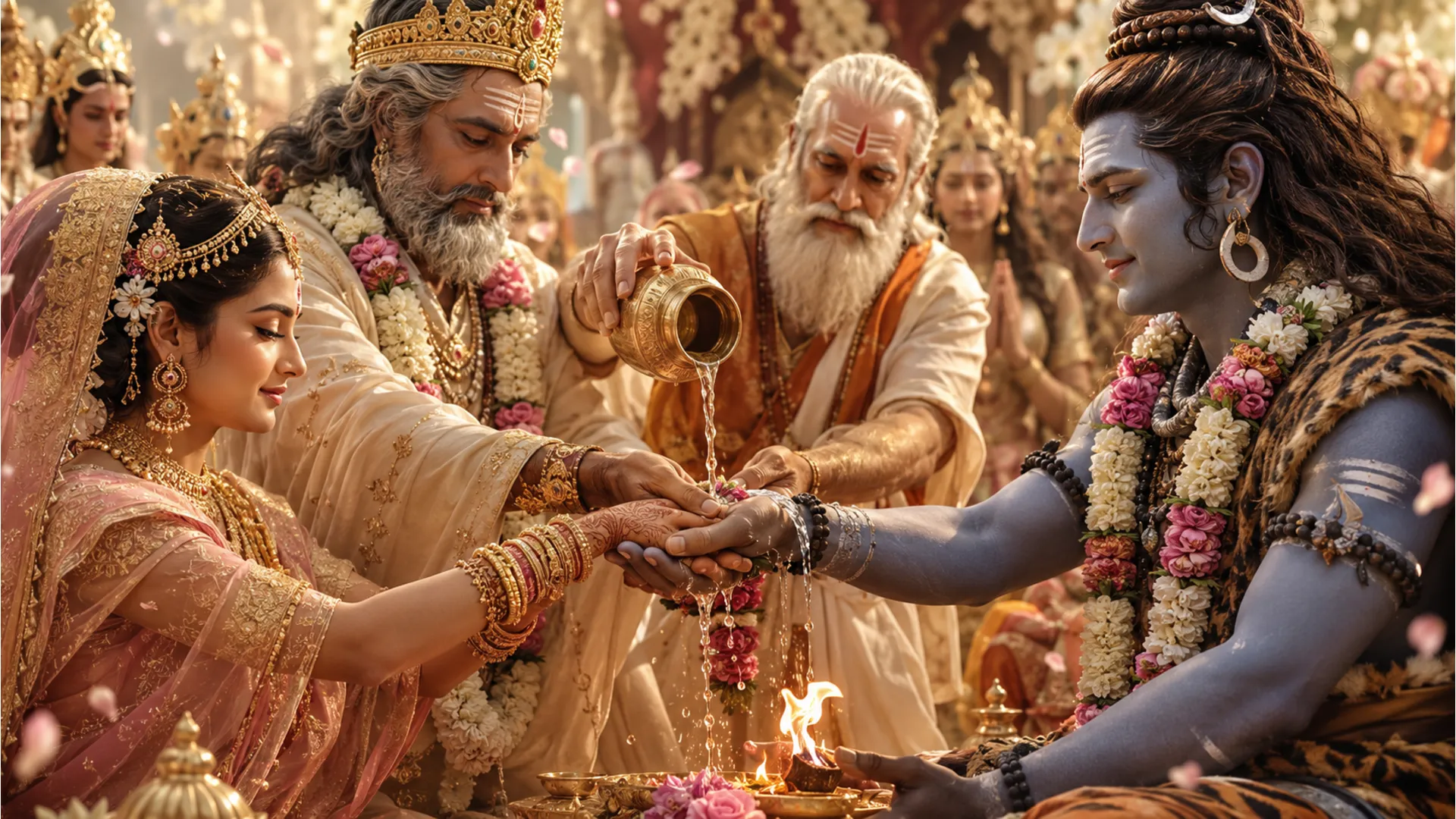 King Himavan placing Goddess Parvati's hand in Lord Shiva's during the Kanyadaan ceremony. HD image.