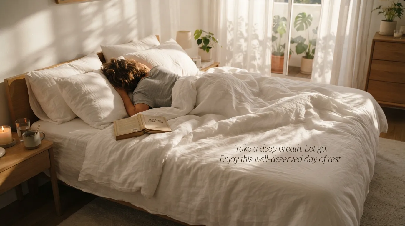 White linen bed sheets with sunlight shadows and a book on a relaxed Sunday morning.