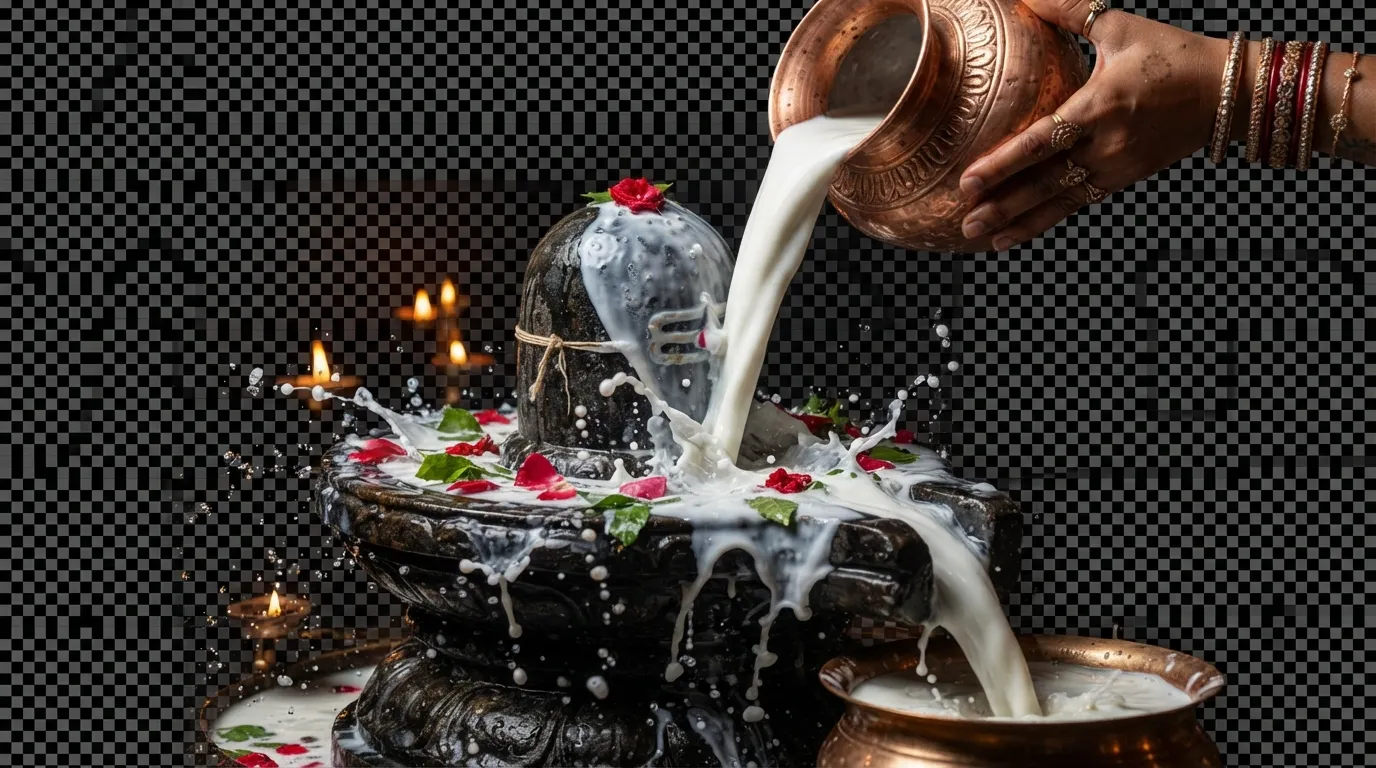 Holy milk Abhishekam ritual performed on a black stone Shivling PNG image.