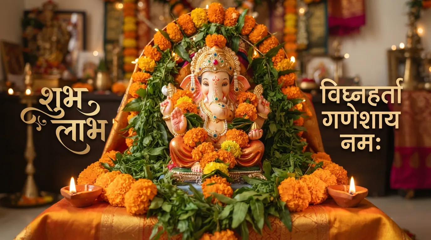 Beautiful Lord Ganesha idol decorated with fresh morning flowers and glowing diyas.