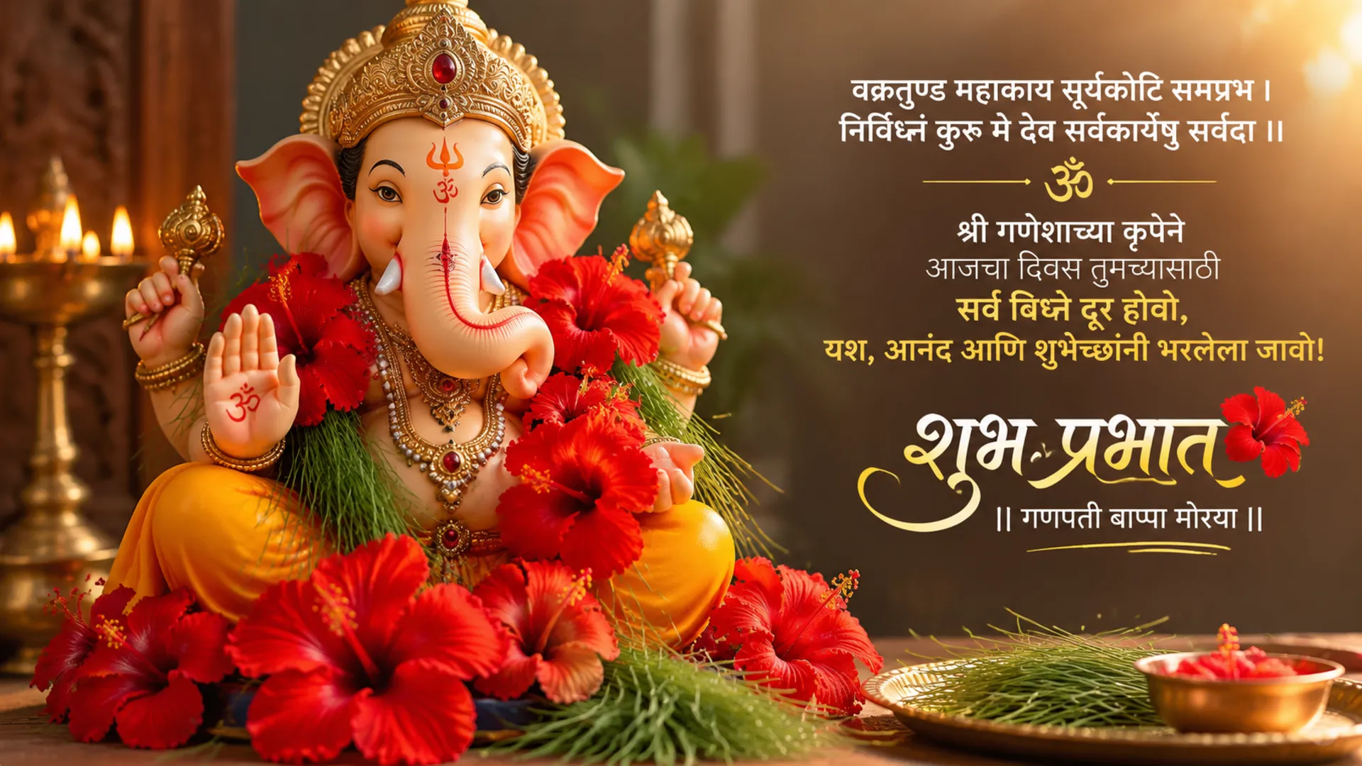 Lord Ganesha idol with flowers and morning blessings in Marathi script