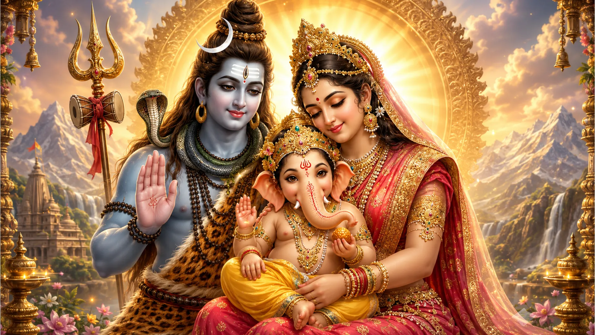 Infant Ganesha sitting on Goddess Parvati's lap while Lord Shiva blesses him with a radiant aura