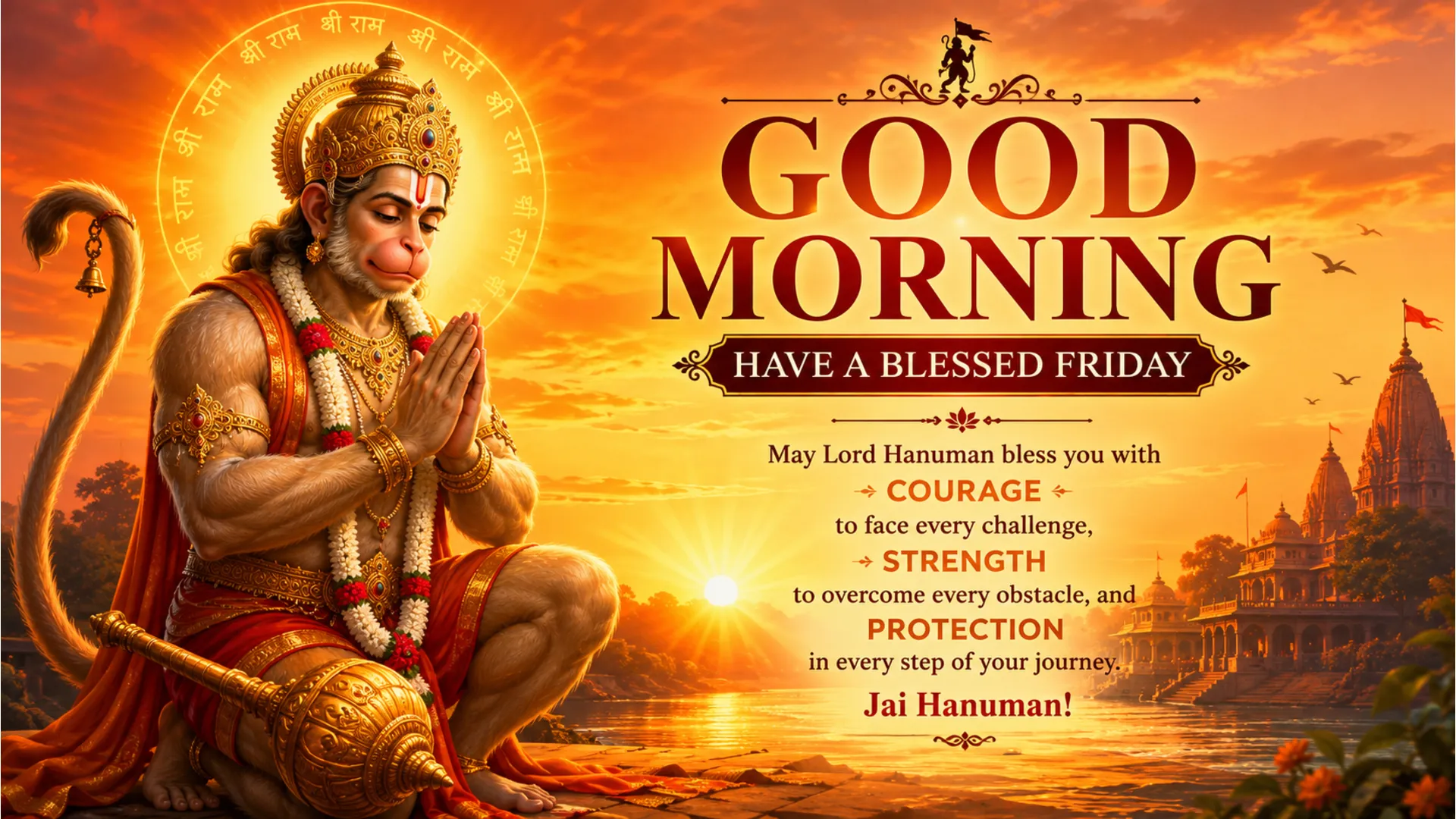 Lord Hanuman kneeling in prayer with orange sunrise morning strength quote