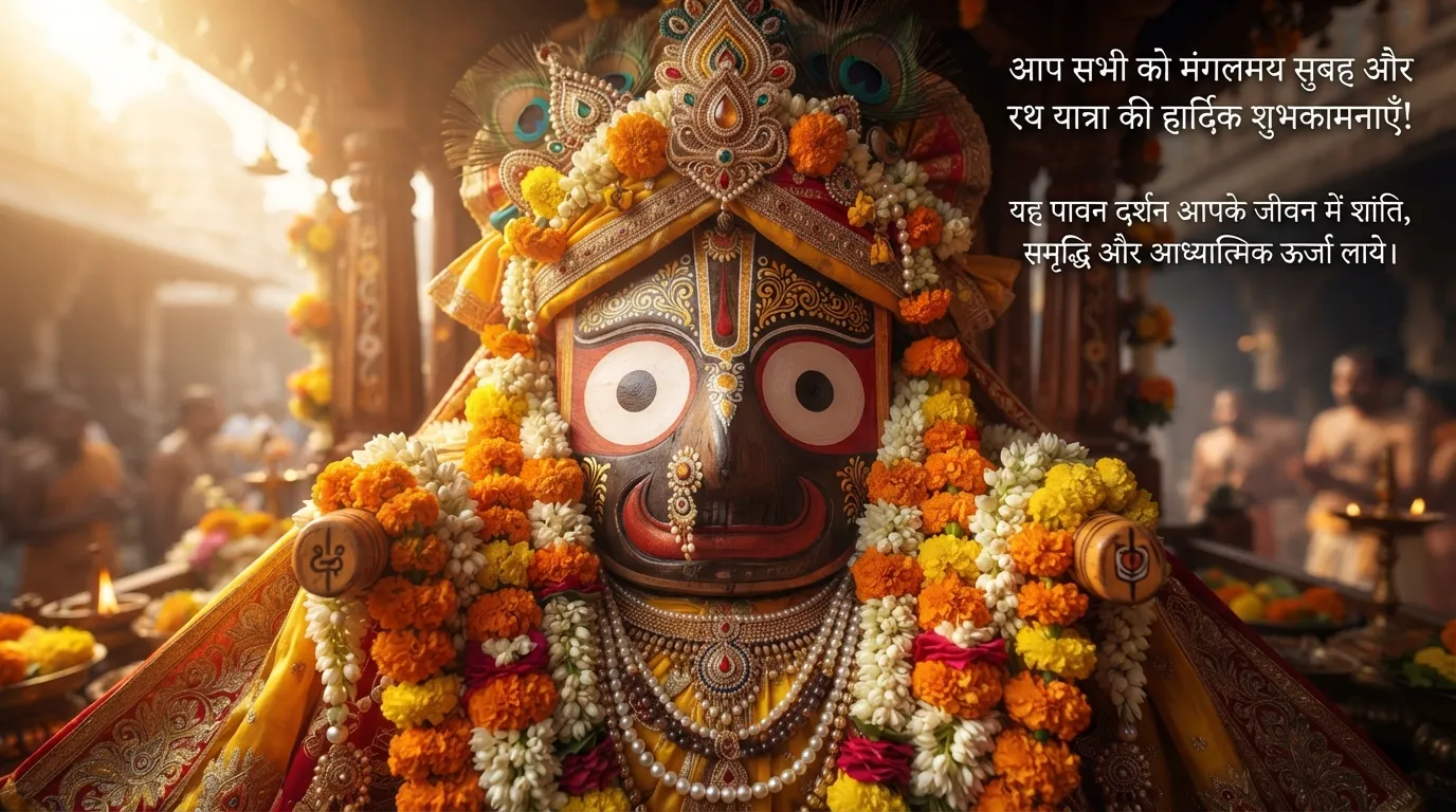 Lord Jagannath morning wish image with Hindi quotes for Rath Yatra 2026.