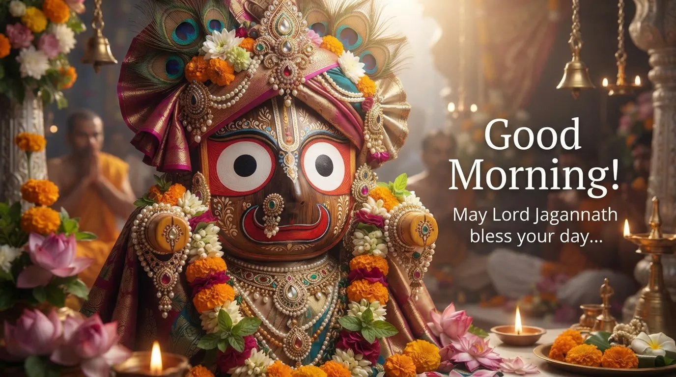 Beautiful Good Morning Rath Yatra image featuring Lord Jagannath face with English blessings.