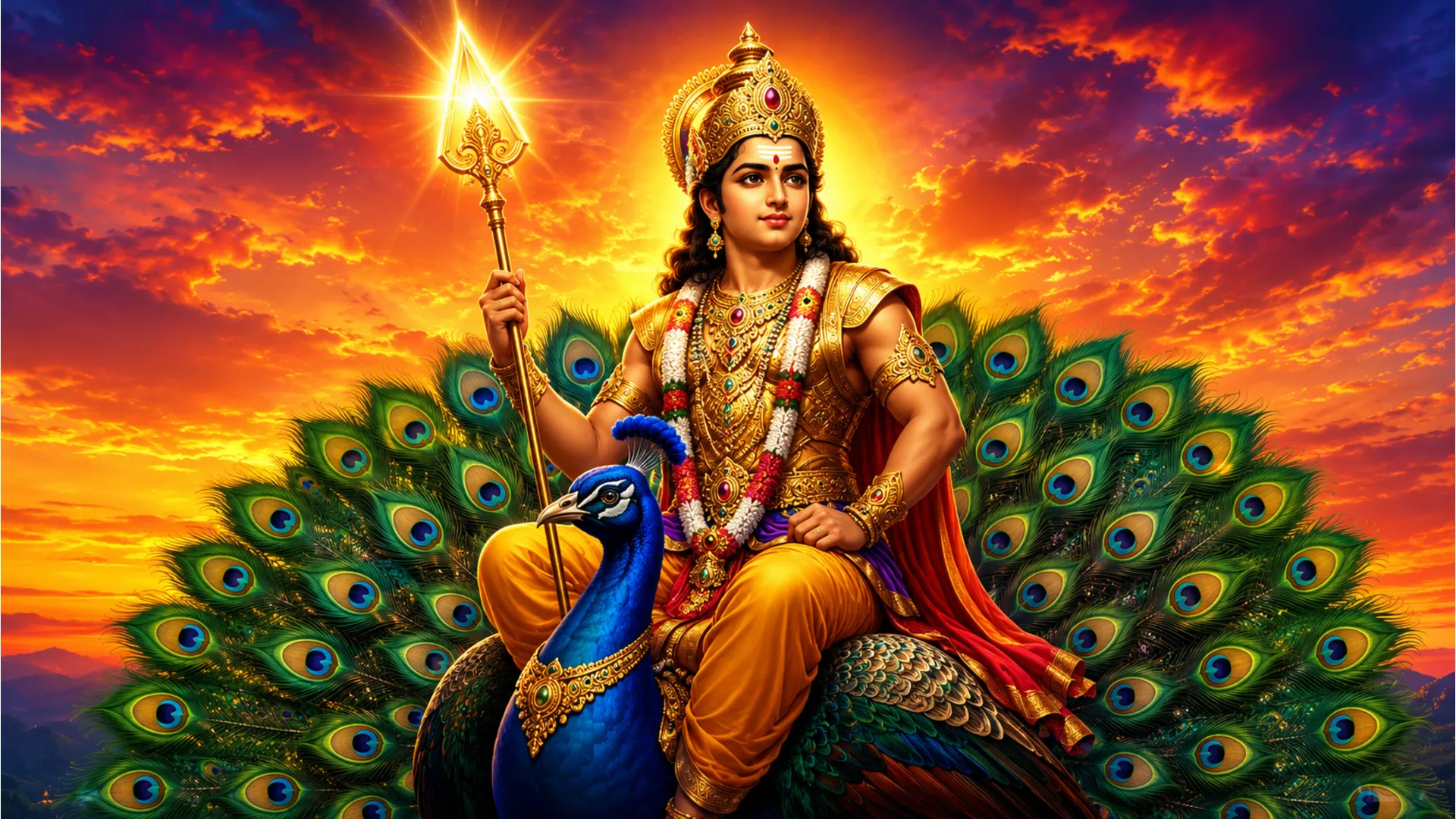 Lord Kartikeya sitting proudly on his majestic peacock vehicle holding his sacred divine spear