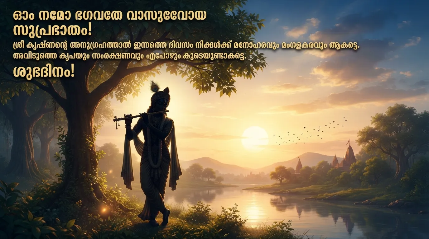 Spiritual silhouette of Lord Krishna with his flute and divine Malayalam morning wishes.