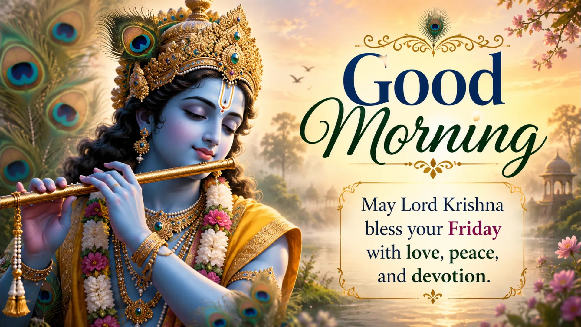 Lord Krishna playing flute with peacock feather background Friday morning wishes