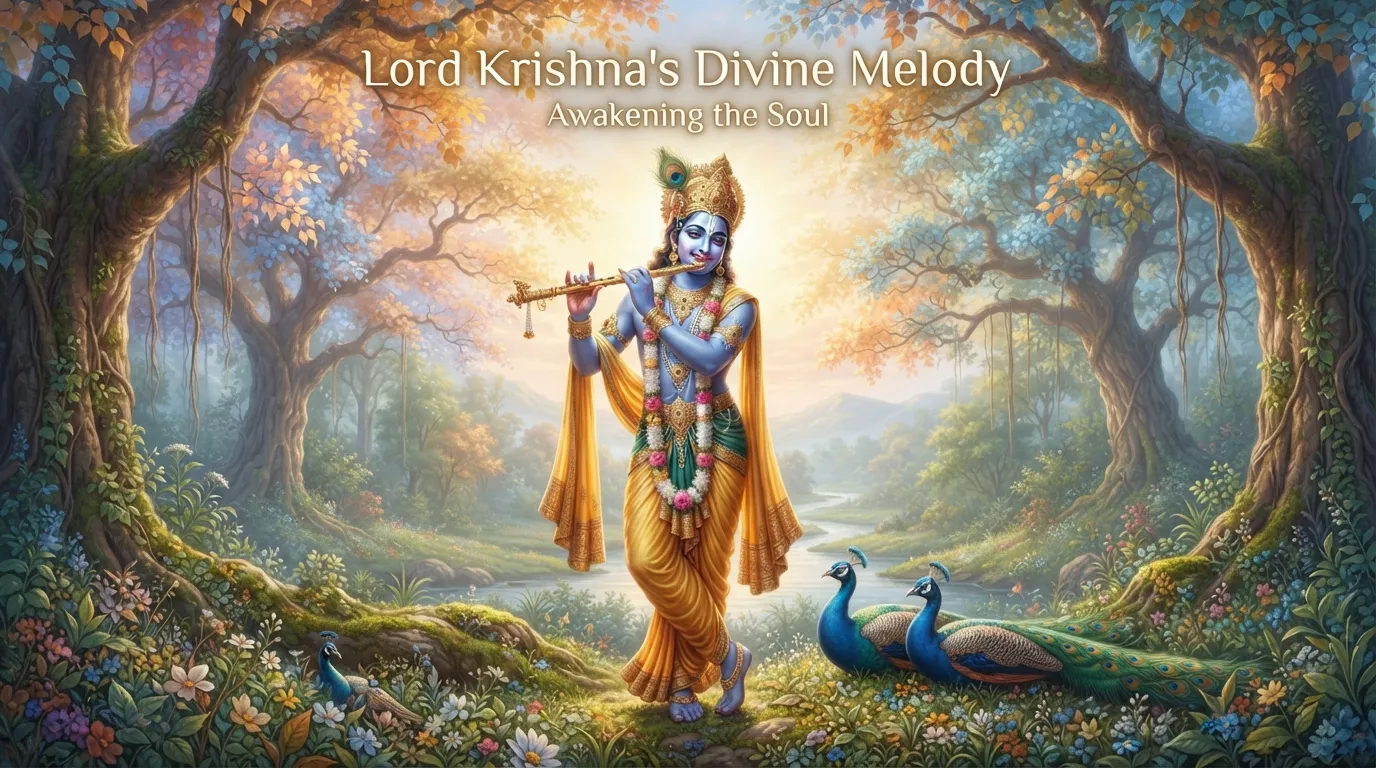 Lord Krishna playing flute with a peaceful morning sunrise background.