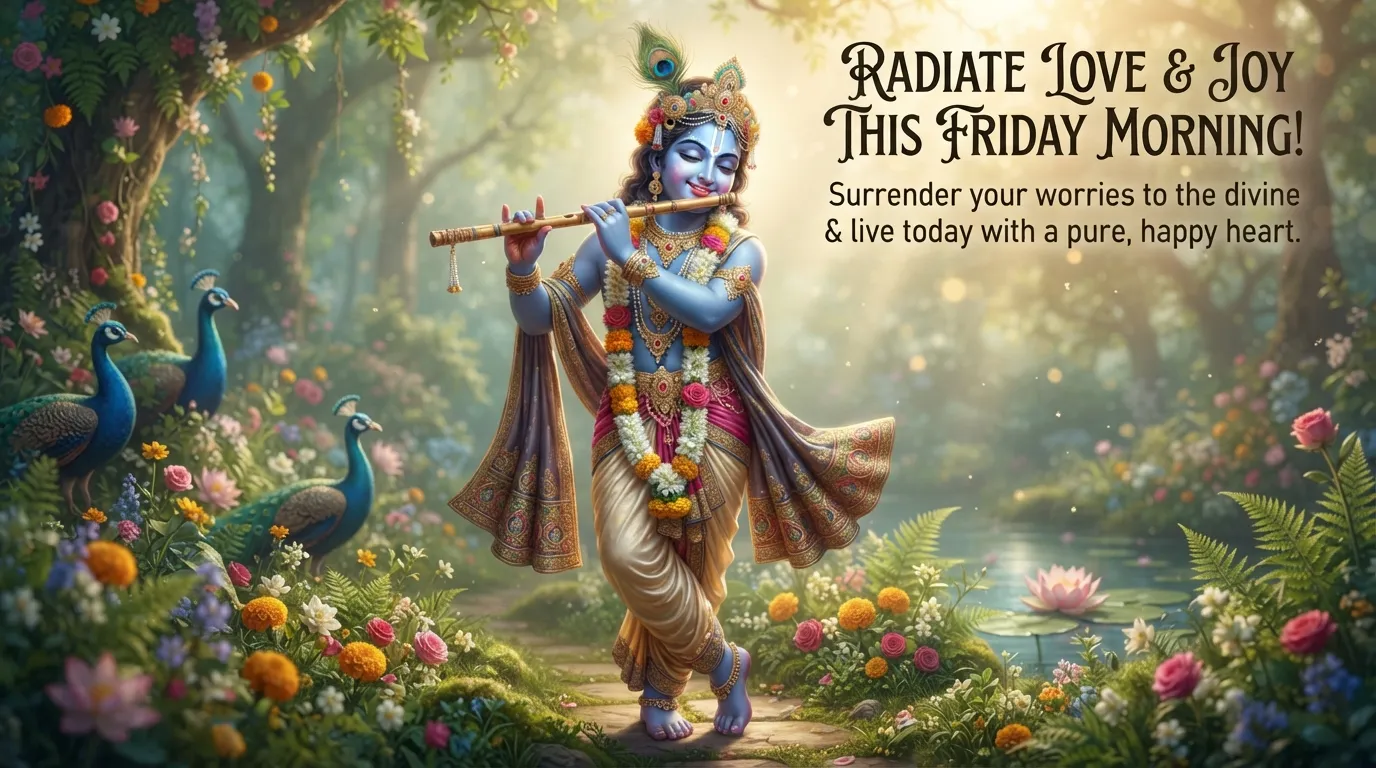 Lord Krishna playing flute Friday Good Morning English quote image