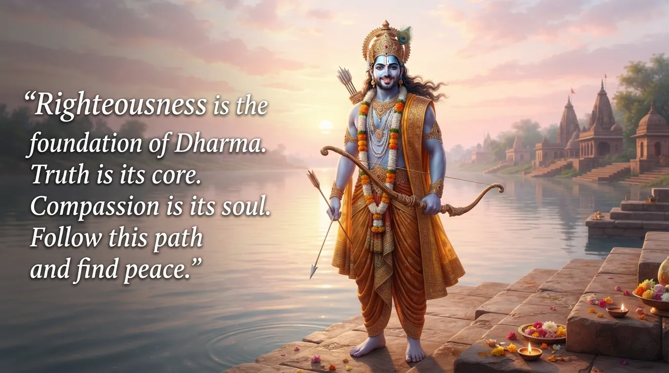 Lord Rama holding his bow with a calm, smiling expression during sunrise.