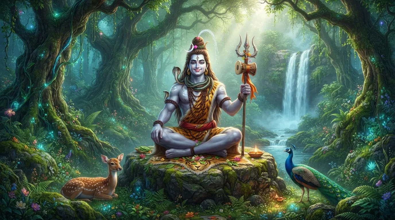 Lord Shiva sitting in a peaceful green forest with trishul 3D
