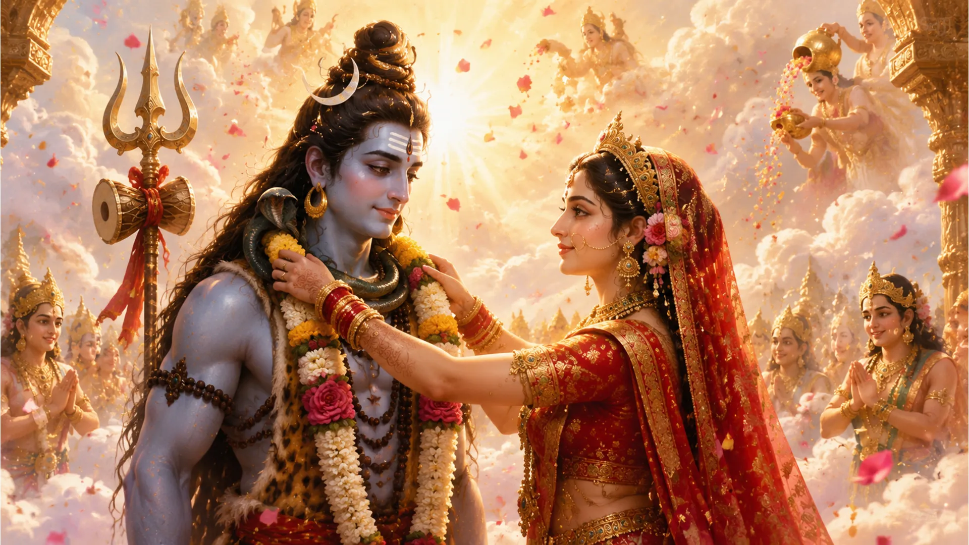 Lord Shiva and Goddess Parvati exchanging flower garlands in a celestial setting.