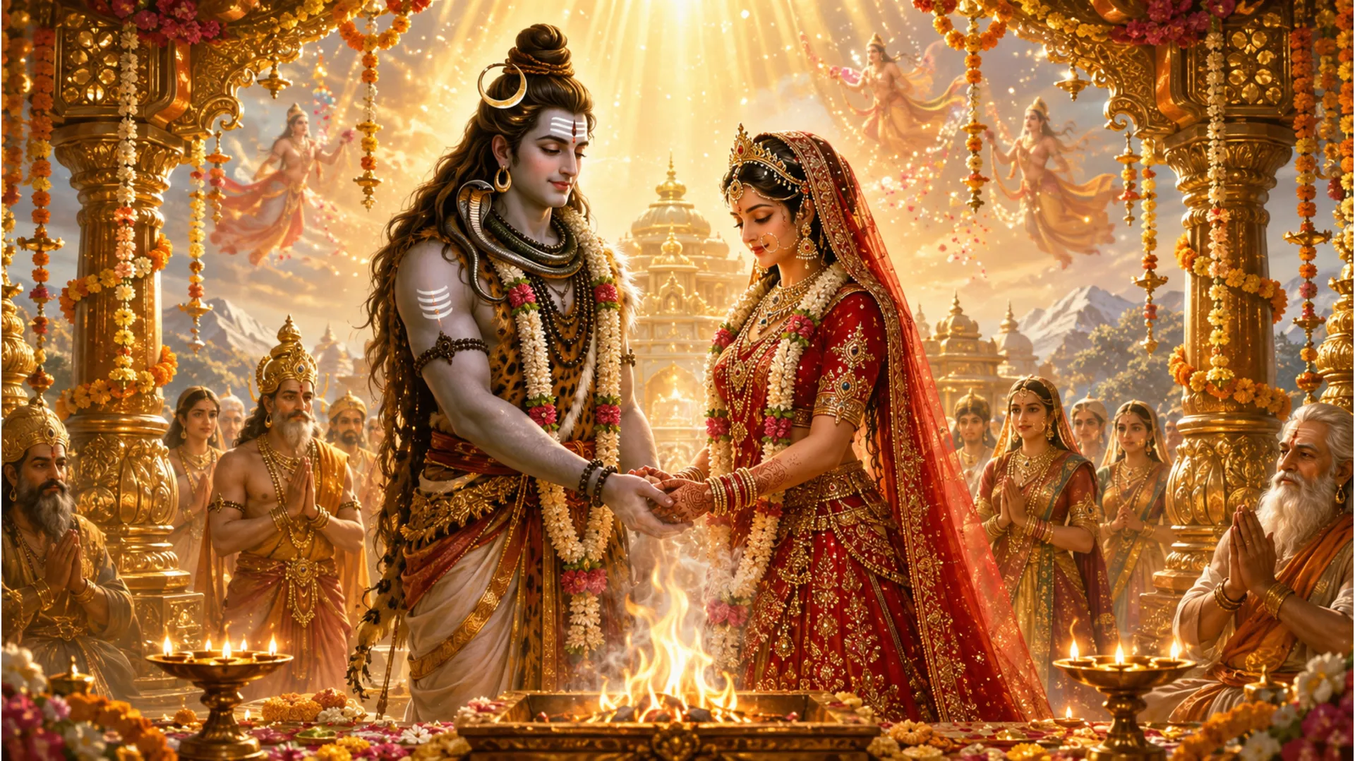 Complete traditional Vedic wedding ritual scene of Shiva Parvati Vivah with holy fire.