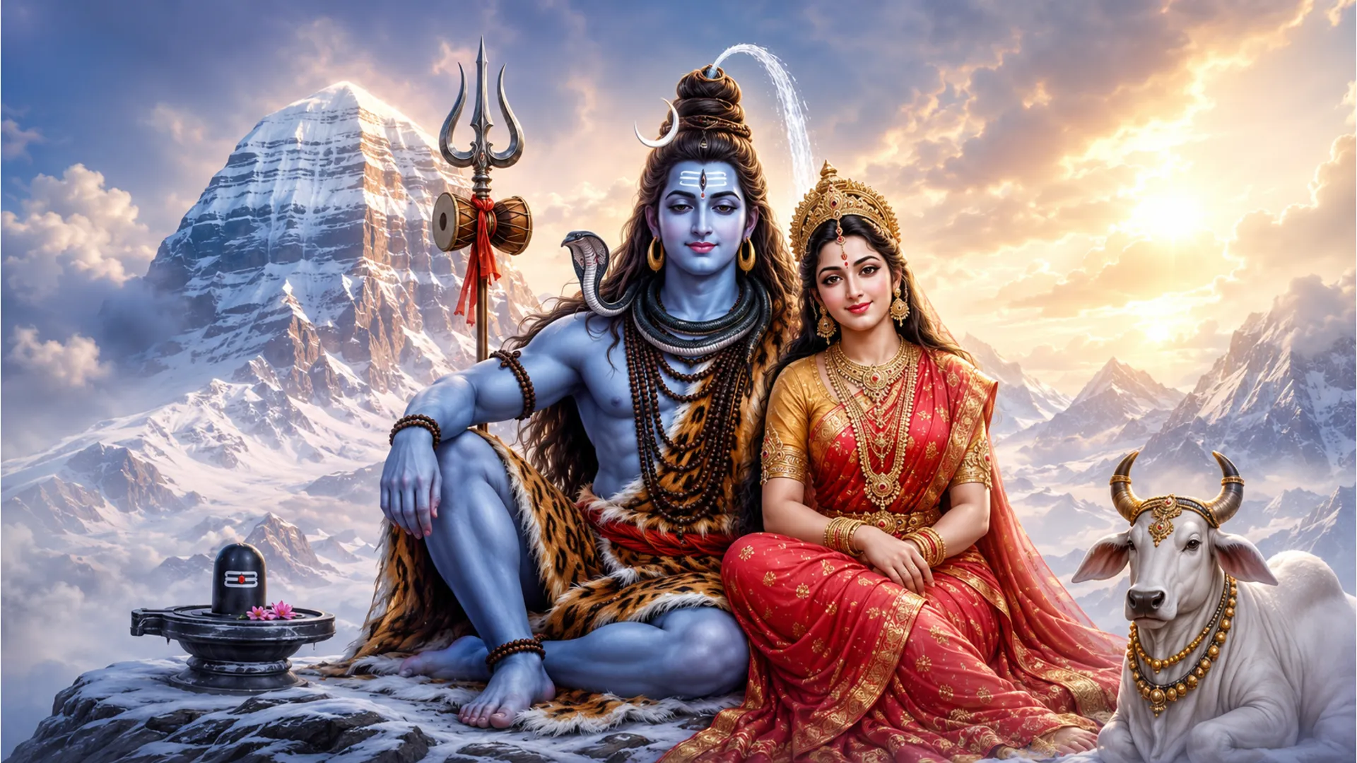 Lord Shiva and Goddess Parvati sitting on Mount Kailash distributing blessings in a meditative posture