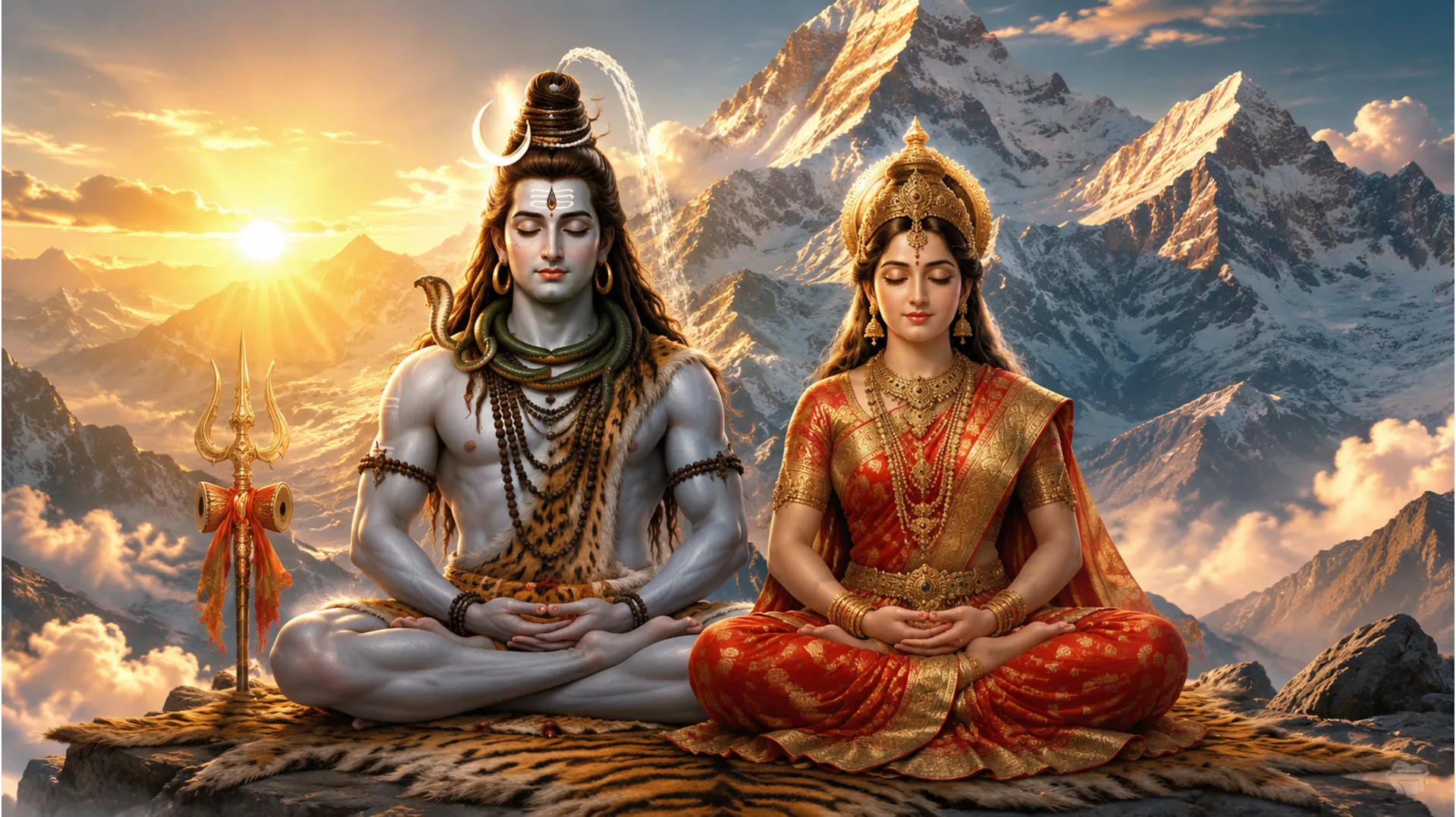 Shiv Parvati image download option showing the divine couple meditating peacefully in the snow-capped Himalayan mountains.
