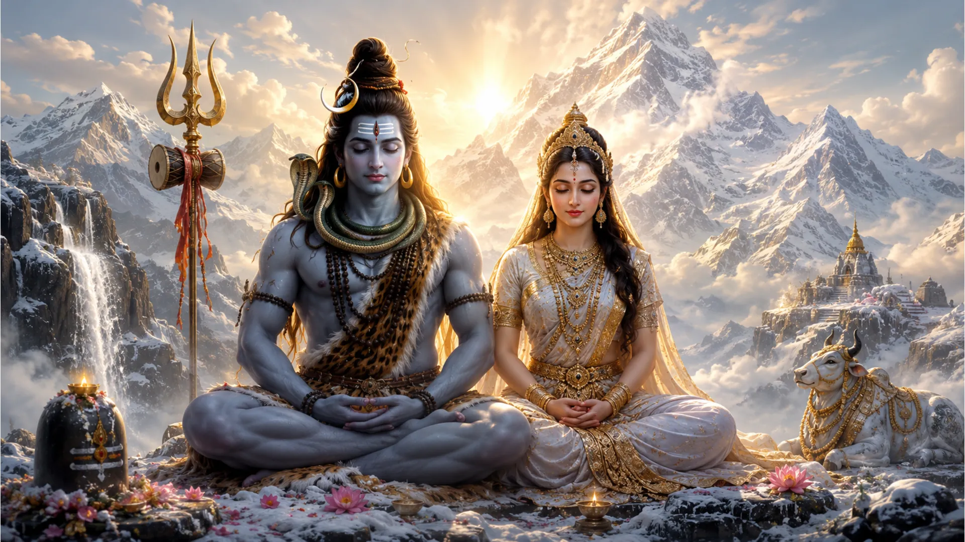 Lord Shiva and Goddess Parvati sitting in meditation on Mount Kailash surrounded by snow.