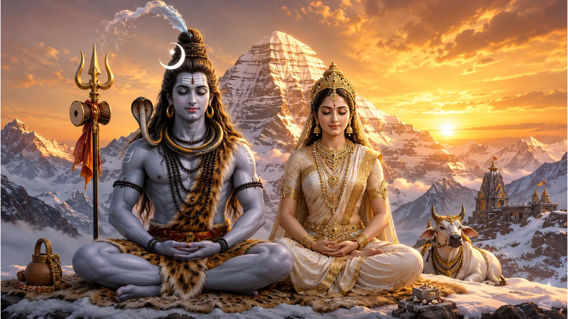 Shiv Parvati beautiful images in deep meditation on snow-covered Mount Kailash.