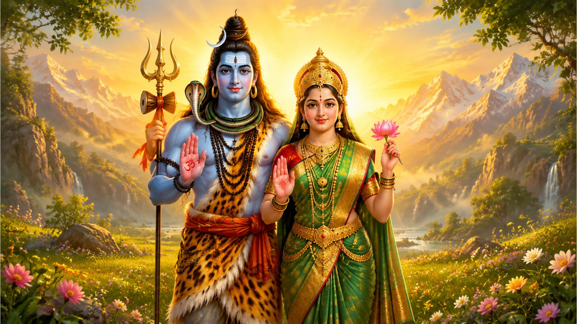 Lord Shiva and Parvati Ji in a standing pose, with their hands in the Abhaya Mudra (blessing pose).