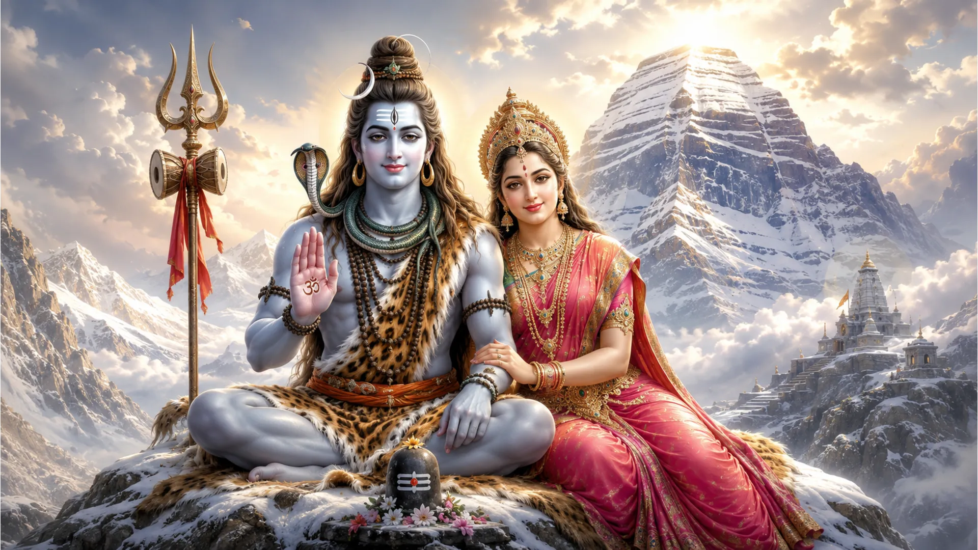 Lord Shiva and Mata Parvati sitting together on Mount Kailash giving blessings to devotees.