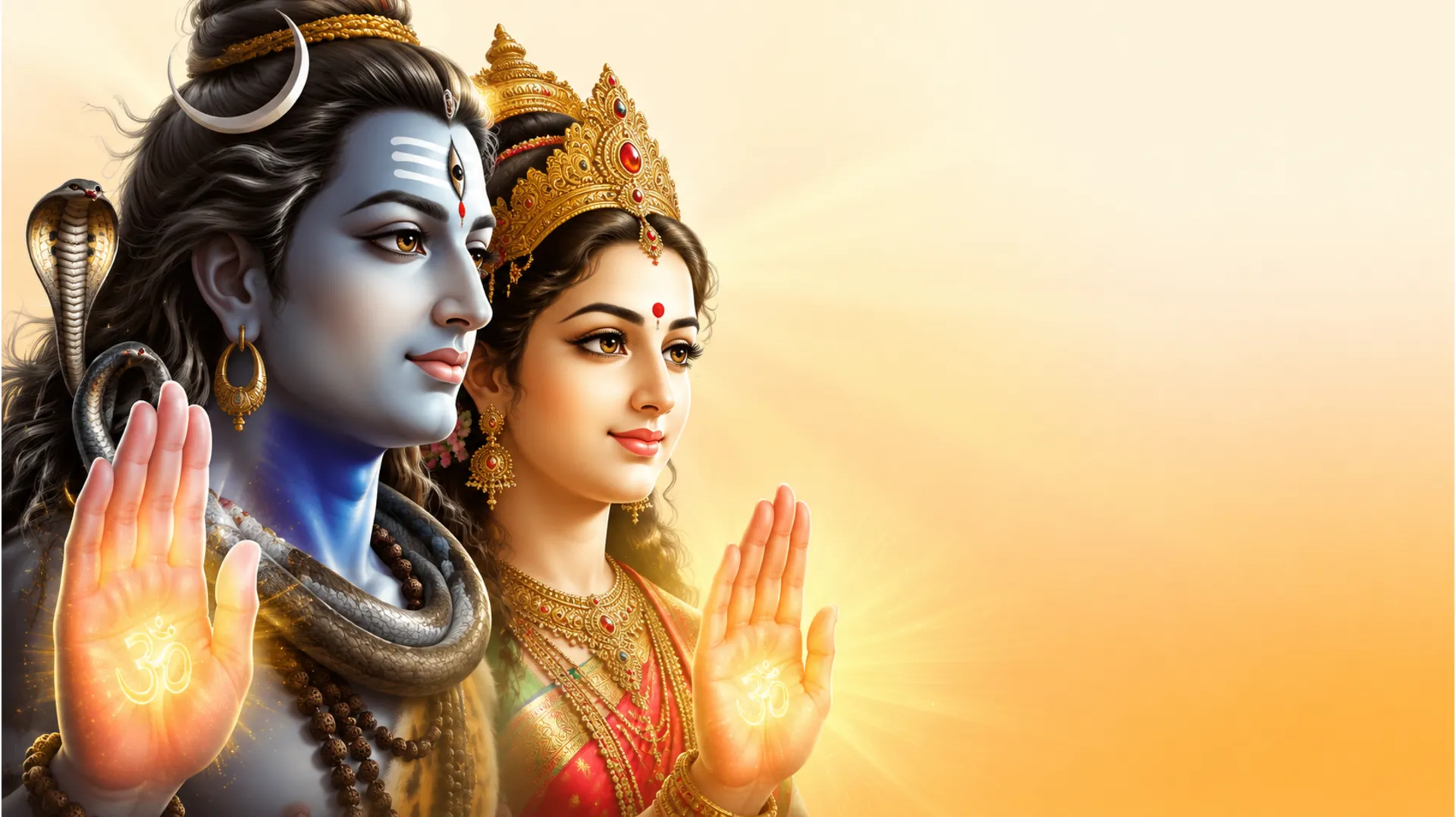 Protective blessings pose for shiv parvati image download featuring glowing hands and peaceful expressions.