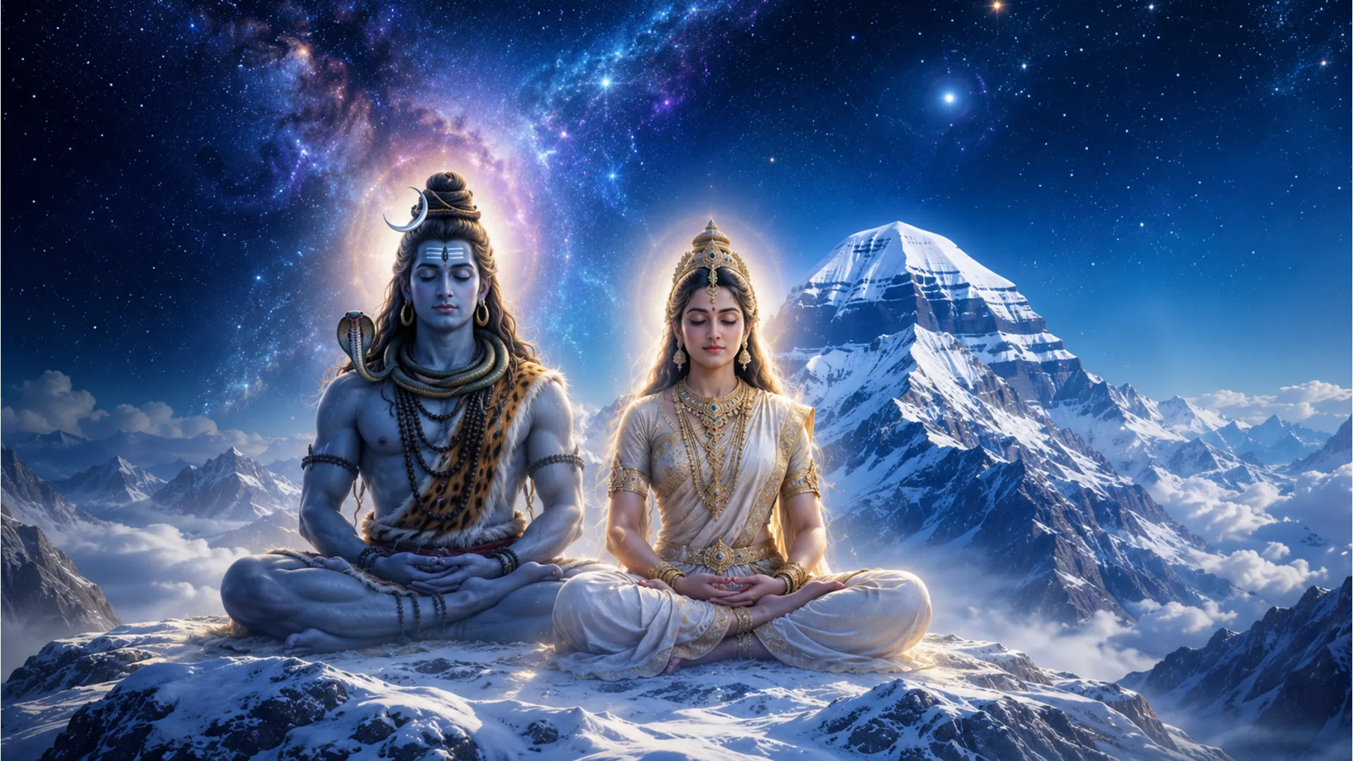 Lord Shiva and Goddess Parvati meditating together on the snow-covered peaks of Mount Kailash under a blue starry sky.