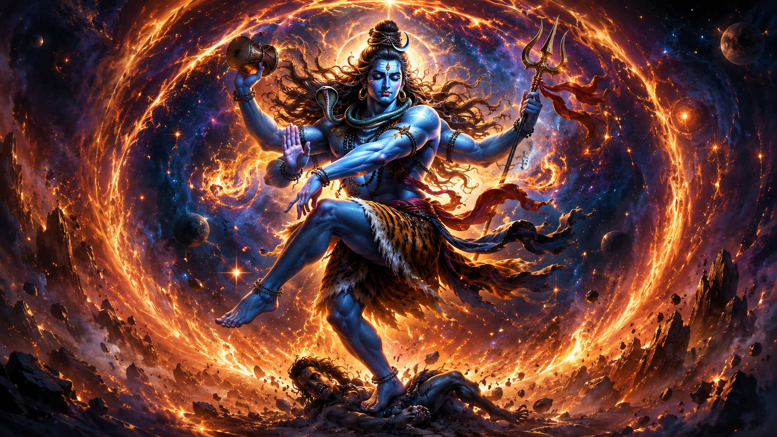 Powerful Jay Bholenath photo depicting Mahadev performing the cosmic Nataraja Tandava dance.