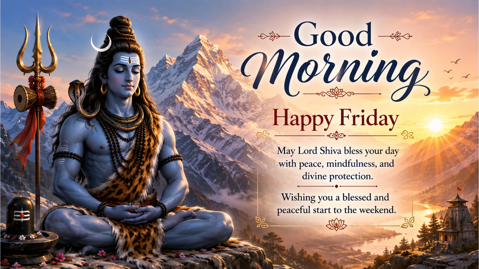 Lord Shiva meditating in Himalayas morning golden light Friday blessings