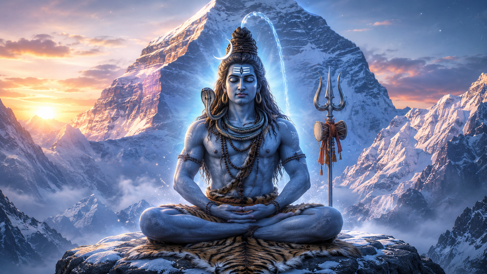 Jay Bholenath photo featuring Lord Shiva meditating peacefully amidst snow-capped Himalayan peaks.